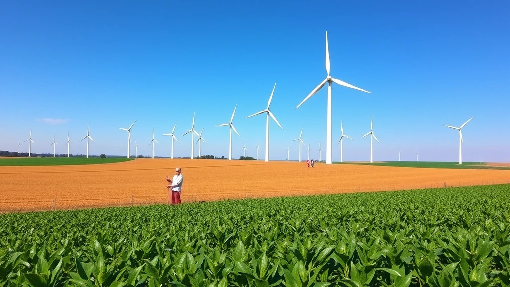 Wind turbines in agricultural field with farmers working, green crops in foreground, blue sky, rural landscape showing dual land use benefits
