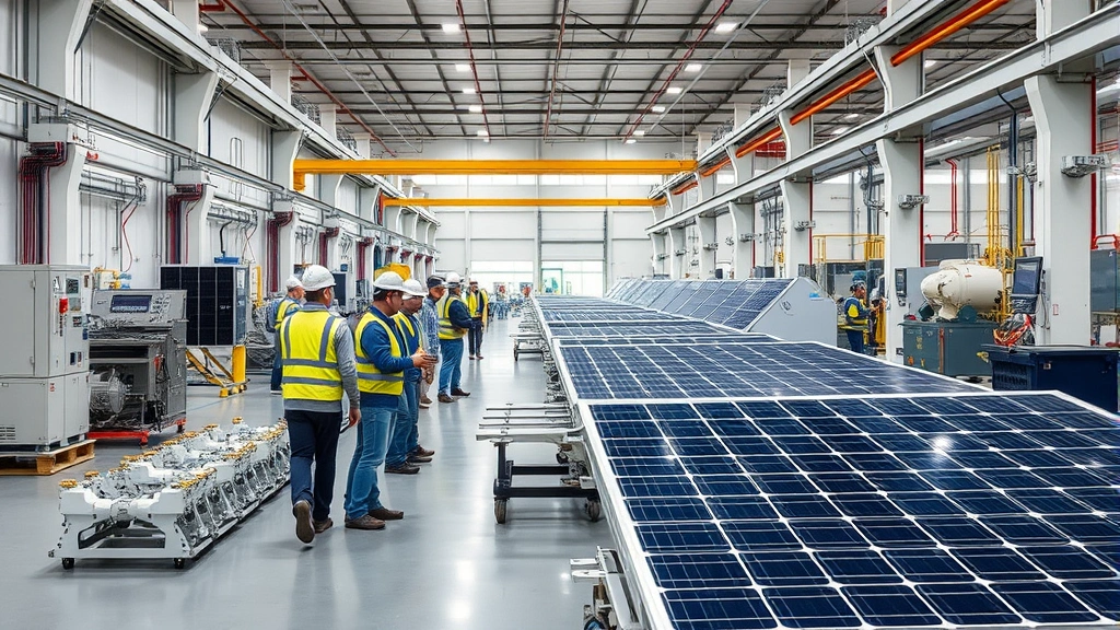 Modern factory floor with workers assembling solar panels and wind turbine components, industrial equipment, teamwork in clean manufacturing facility
