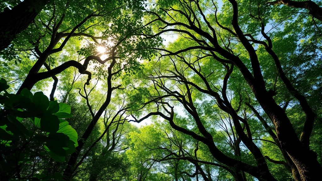 Lush forest canopy with diverse tree species and wildlife, sunlight filtering through leaves, representing ecosystem services like carbon sequestration and biodiversity habitat