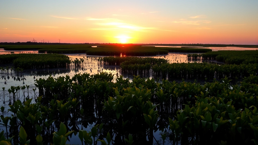 Coastal wetland with mangroves and water birds during sunset, showing water filtration and climate regulation ecosystem services in natural setting