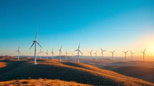 Expansive wind farm with white turbines spinning against blue Mediterranean sky, rolling hills, sunset light illuminating landscape, realistic photographic quality