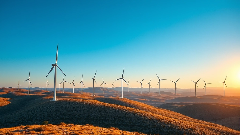 Expansive wind farm with white turbines spinning against blue Mediterranean sky, rolling hills, sunset light illuminating landscape, realistic photographic quality