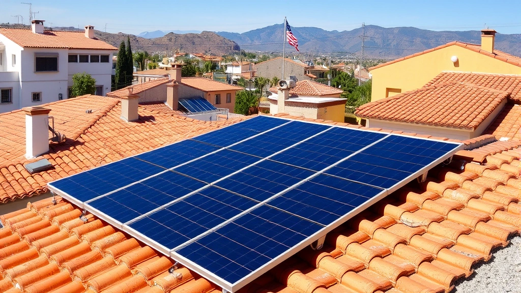 Modern solar panel installation on residential rooftops in Spanish village with terracotta tiles, clear sunny day, mountains in distance, natural lighting