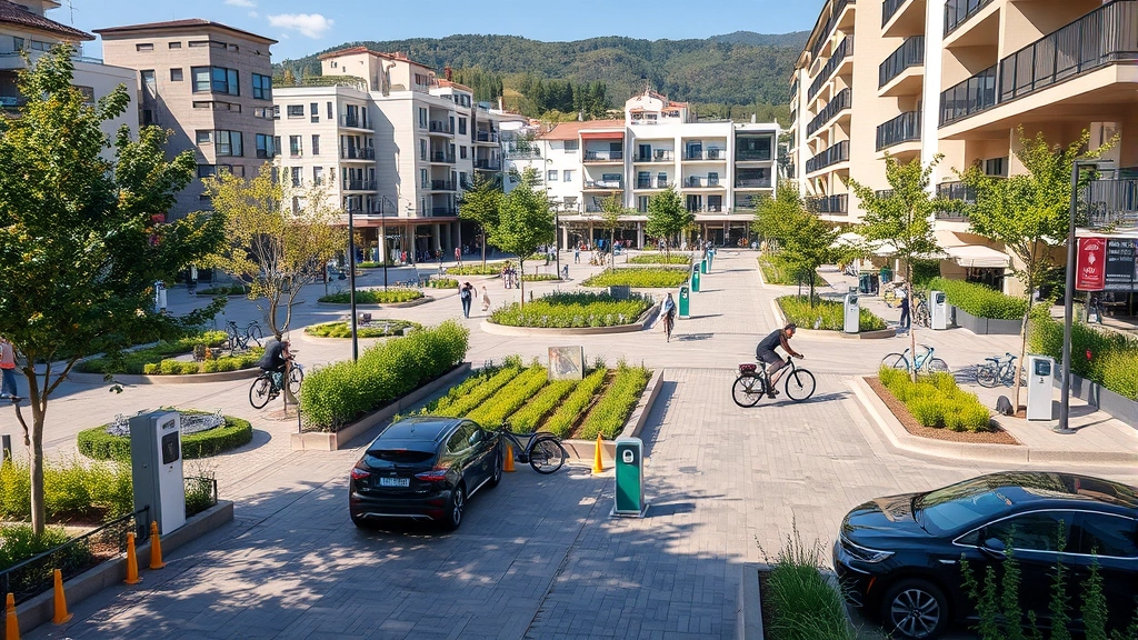 Sustainable urban plaza with green spaces, electric vehicle charging stations, cyclists, pedestrians, modern architecture blending with Mediterranean environment, daytime