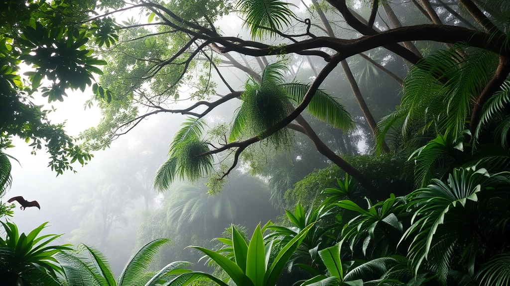 Lush tropical rainforest canopy with misty morning light filtering through dense green vegetation and wildlife, showcasing biodiversity and natural wealth