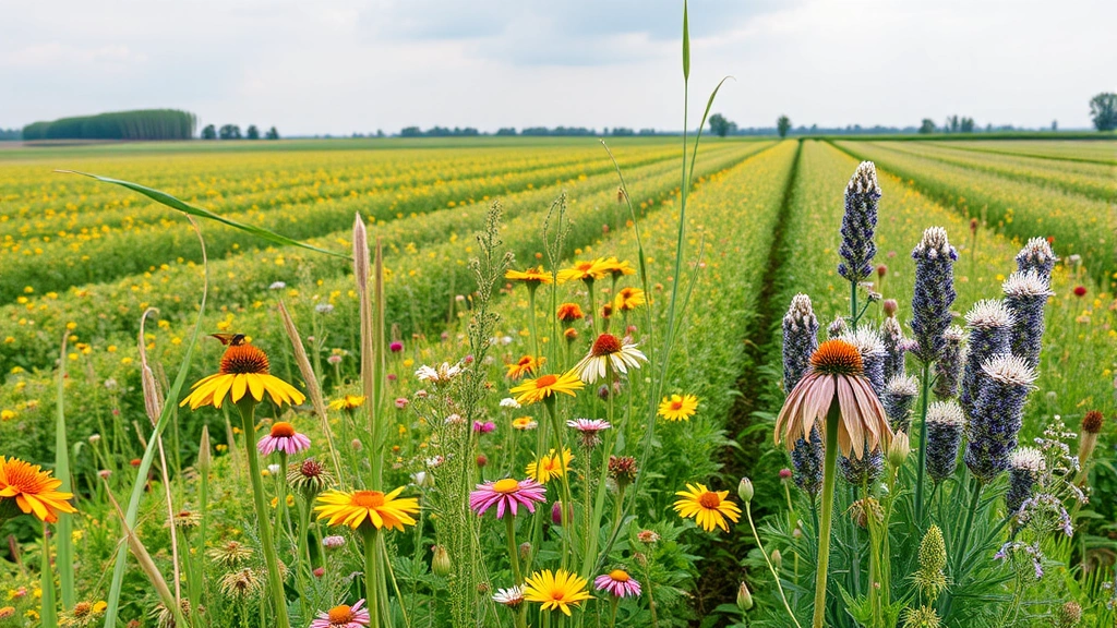 Diverse farm field with multiple crop types, native pollinator flowers, and integrated ecosystem management creating agricultural productivity and natural beauty