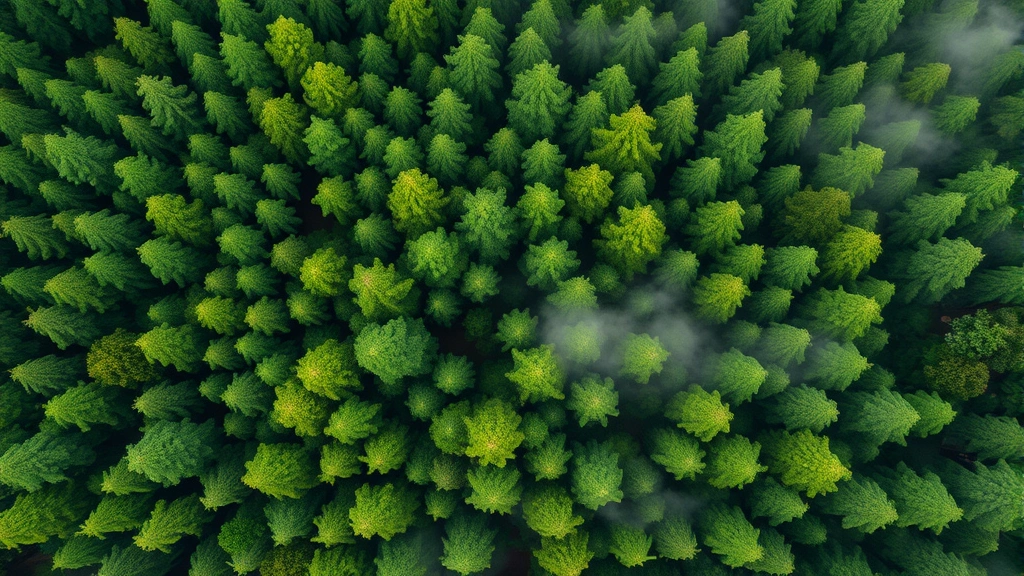 Aerial photograph of pristine old-growth forest canopy with diverse green layers, morning mist between trees, untouched natural ecosystem
