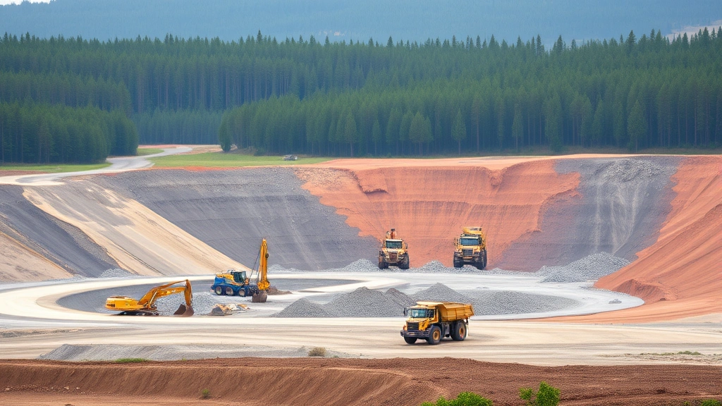 Industrial mining operation landscape showing cleared terrain, heavy machinery, exposed earth, contrasting with remaining forest in background