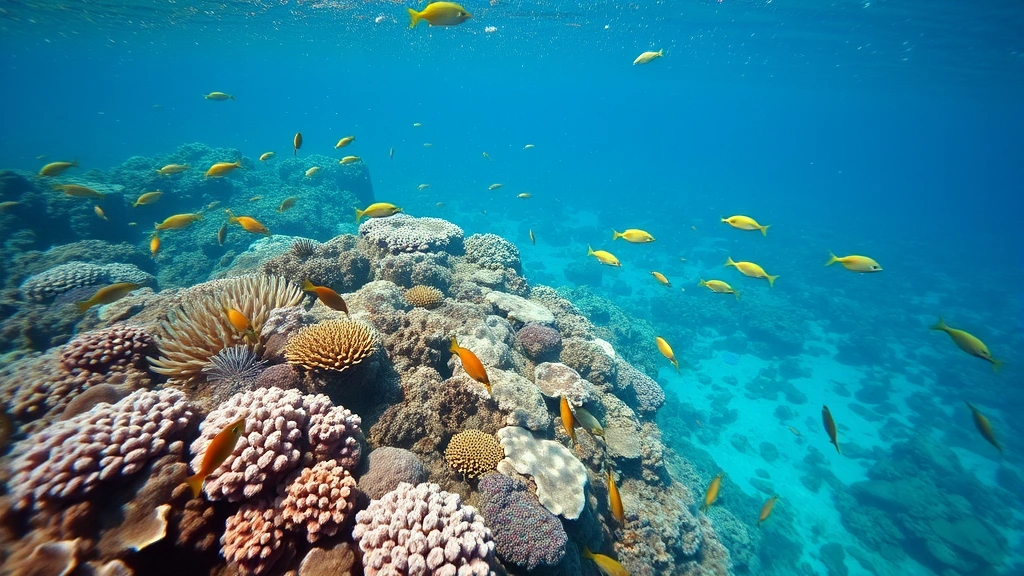 Underwater coral reef ecosystem teeming with colorful fish and healthy coral formations, representing thriving marine biodiversity in clear tropical waters