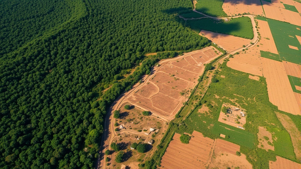 Aerial view of deforestation boundary showing intact rainforest contrasting with cleared agricultural land, highlighting habitat destruction from economic expansion and land-use conversion