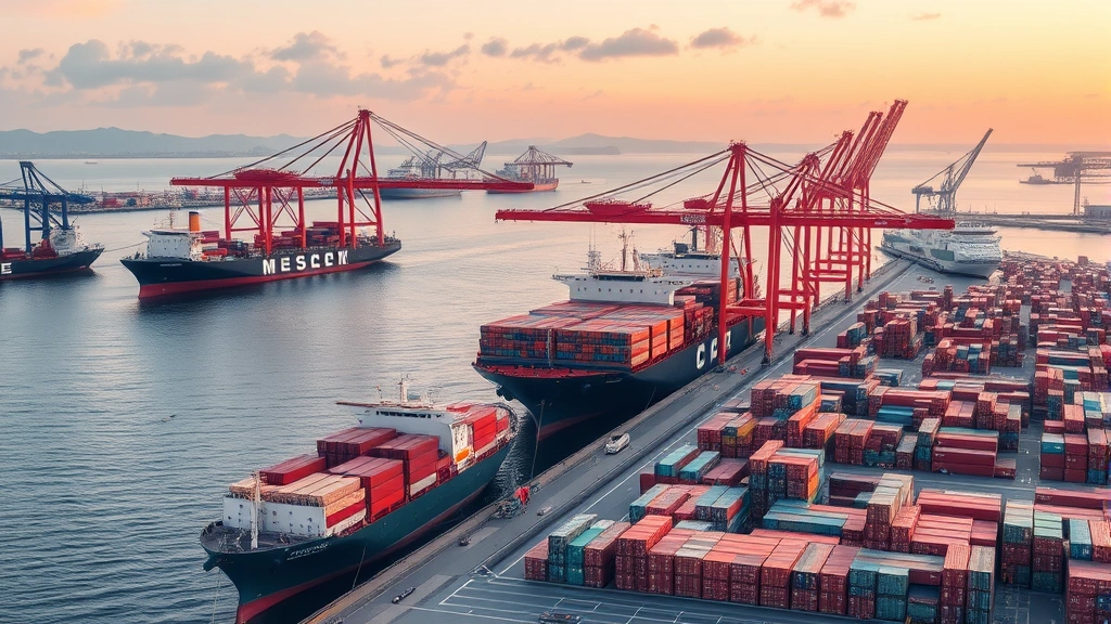 Industrial port facility with cargo ships, cranes, and containerized goods representing global supply chains, resource extraction, and international trade driving economic growth and environmental impact