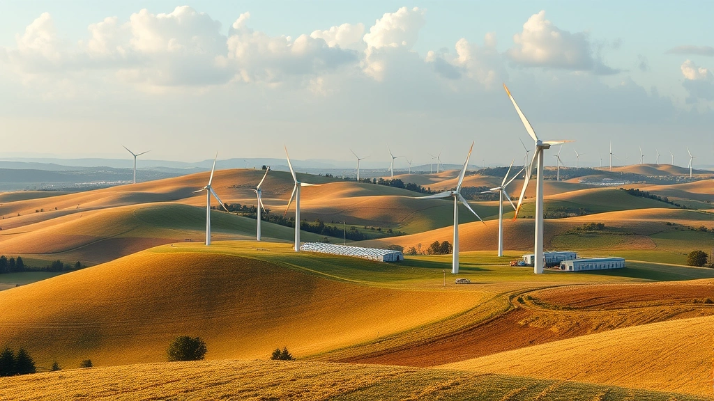 Renewable energy wind farm installed across rolling agricultural landscape, demonstrating transition toward sustainable energy systems and alternative economic pathways reducing fossil fuel dependence
