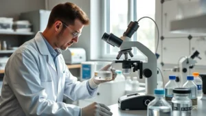 Technician in white lab coat examining water sample in beaker under microscope in modern laboratory with stainless steel equipment, natural window light illuminating clean workspace
