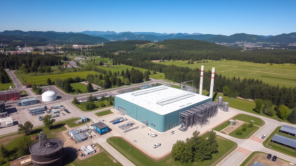 Aerial view of industrial facility with testing equipment monitoring air and water quality, green spaces surrounding complex, mountains in background, clear blue sky