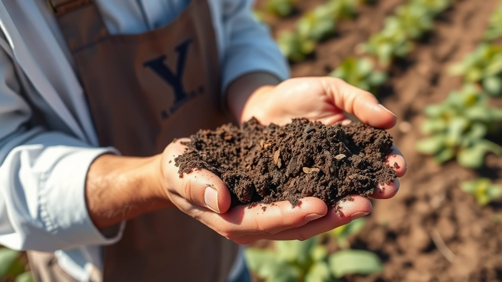 Agricultural soil scientist holding handful of rich dark soil, examining texture and composition in sunlit field with healthy crops growing in background