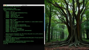 Photorealistic split-screen image showing a Linux terminal window on left with environment variable commands displaying in green text on dark background, and on right side a natural forest ecosystem with interconnected trees and root systems, symbolizing how variables interconnect system components, no text overlays
