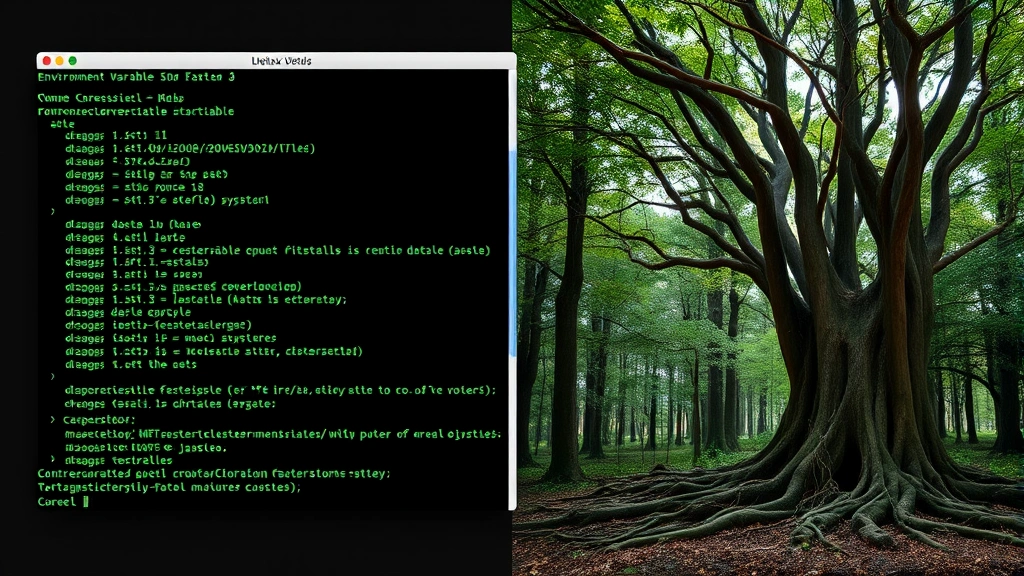 Photorealistic split-screen image showing a Linux terminal window on left with environment variable commands displaying in green text on dark background, and on right side a natural forest ecosystem with interconnected trees and root systems, symbolizing how variables interconnect system components, no text overlays