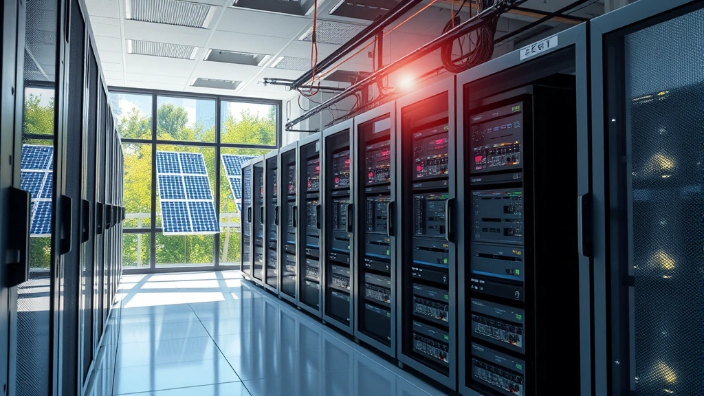 Photorealistic image of a data center with servers and networking equipment powered by solar panels visible through windows, representing how proper system configuration through environment variables reduces computational resource consumption and environmental impact, no charts or labels