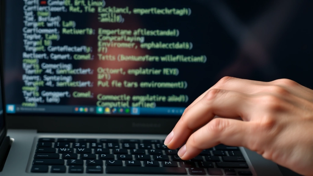 Photorealistic photograph of hands typing on a keyboard with a subtle reflection showing Linux command prompt and file system paths, representing the practical application of environment variable management in sustainable system administration and ecological computing practices, no visible text