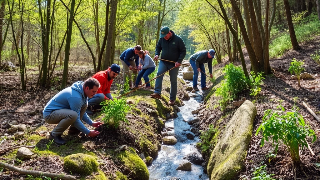 Diverse volunteer group planting native trees and shrubs in riparian restoration project along stream corridor, sunlight filtering through canopy, biodiversity thriving