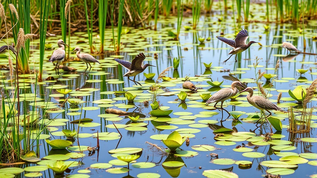 Vibrant restored wetland ecosystem with water birds, dragonflies, and aquatic plants flourishing, reflecting economic value of habitat restoration volunteer work