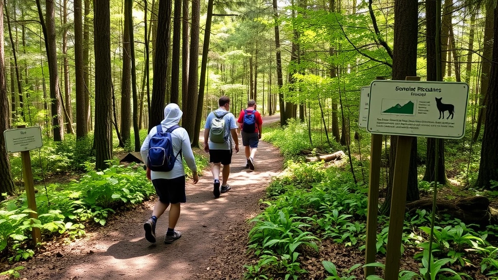 Community members hiking on volunteer-maintained trail through mature forest with clear signage, demonstrating recreation infrastructure supporting local tourism economy