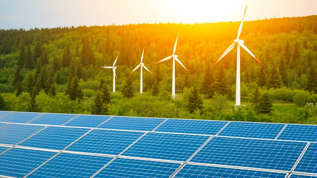 Solar panels and wind turbines in green landscape with forest, representing renewable energy infrastructure integration with natural environment, golden sunlight, sustainable power generation