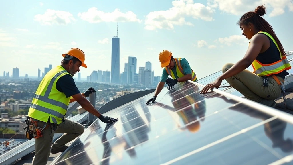 Diverse workers installing solar panels on rooftop with city skyline, showing green job creation, clean energy transition employment, skilled technicians working on renewable infrastructure