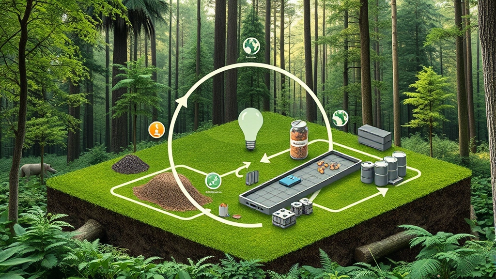Circular economy diagram visualized as natural ecosystem with recovered materials, recycling processes, and sustainable manufacturing in lush forest setting, regenerative systems in action
