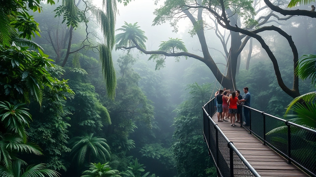 Lush rainforest canopy with tourists on elevated wooden walkway bridge, morning mist, biodiversity focus, natural lighting