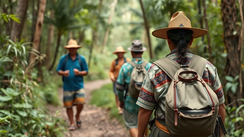 Local guide with indigenous clothing leading small group through protected forest sanctuary, authentic cultural interaction, natural ecosystem backdrop