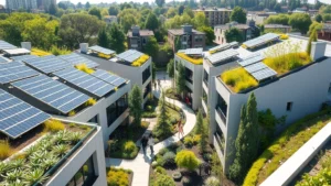 Modern eco-friendly apartment complex with solar panels on rooftops, green roofs with vegetation, residents walking through communal gardens with native plants, natural sunlight illuminating sustainable architecture, urban neighborhood background with trees