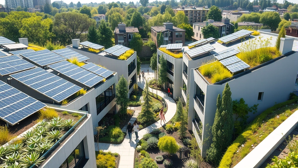 Modern eco-friendly apartment complex with solar panels on rooftops, green roofs with vegetation, residents walking through communal gardens with native plants, natural sunlight illuminating sustainable architecture, urban neighborhood background with trees