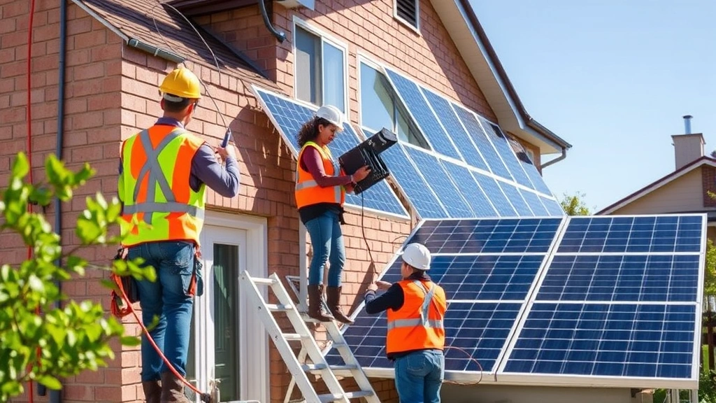 Diverse workforce installing solar panels and renewable energy systems on residential building, workers wearing safety equipment, tools and equipment visible, bright daylight, urban residential setting, professional and collaborative atmosphere