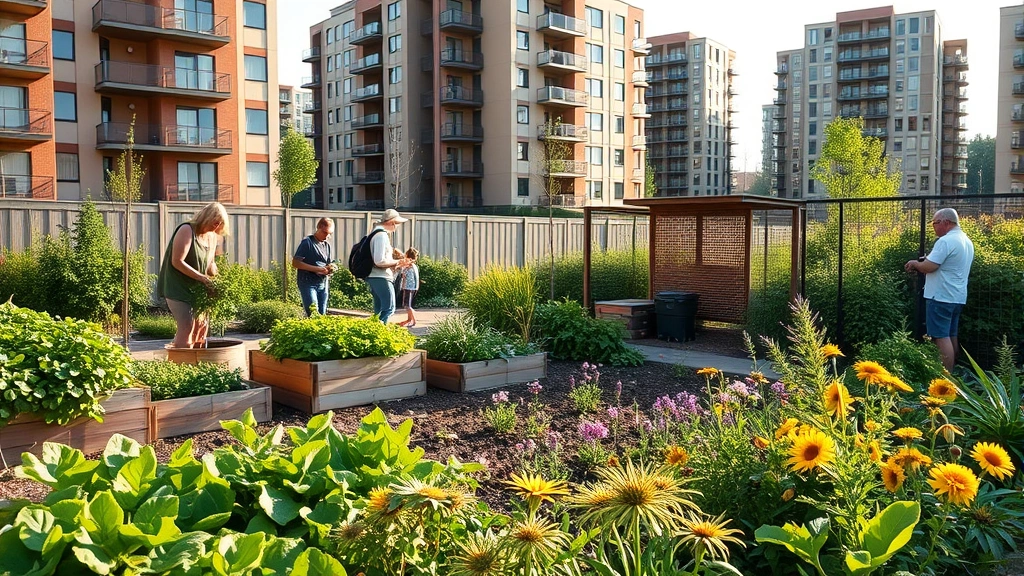 Thriving community garden in sustainable rental development with residents harvesting vegetables, composting station, native flowering plants attracting pollinators, modern residential buildings in background, natural landscape integration, afternoon sunlight
