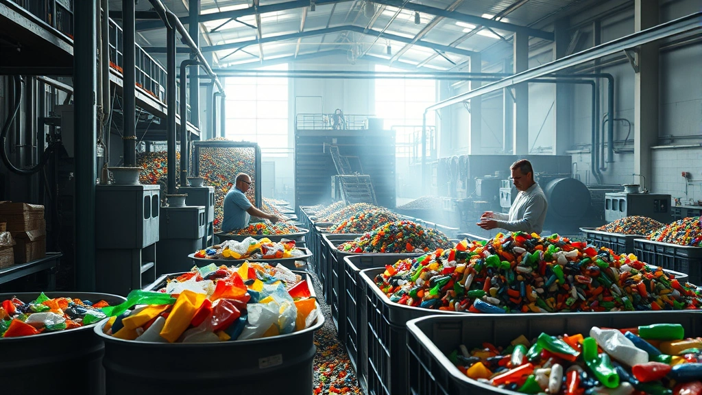 Industrial recycling facility with workers sorting colorful plastic materials under bright natural light, conveyor systems processing recovered polymers, metal containers overflowing with sorted materials, photorealistic documentary style