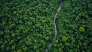 Aerial view of dense tropical rainforest canopy with rivers winding through, showing intricate ecosystem complexity and carbon storage capacity, vibrant greens and browns, natural lighting from above, photorealistic