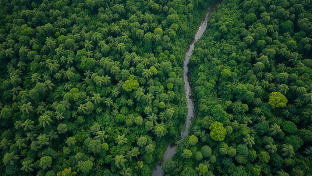 Aerial view of dense tropical rainforest canopy with rivers winding through, showing intricate ecosystem complexity and carbon storage capacity, vibrant greens and browns, natural lighting from above, photorealistic