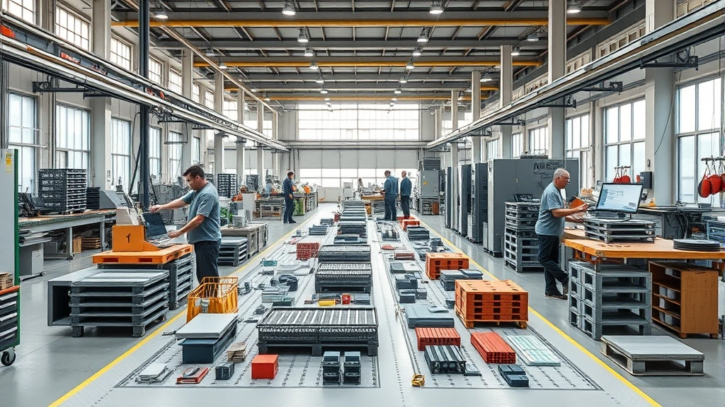 Modern manufacturing floor with workers assembling modular product components from recycled materials, quality control stations, sustainable production environment with natural lighting, industrial efficiency aesthetic