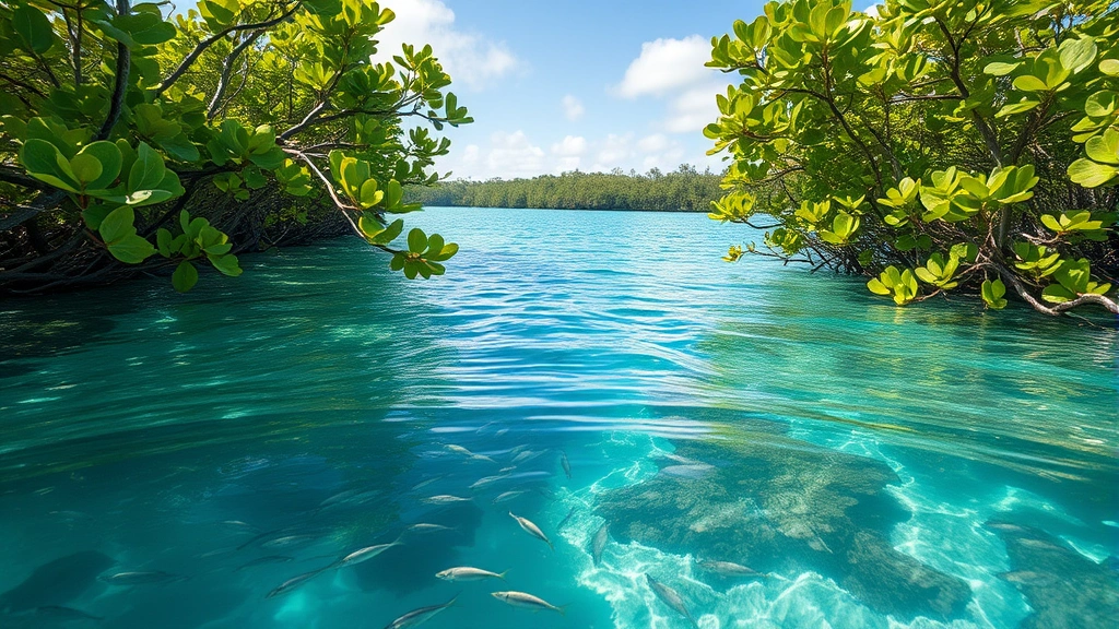 Coastal mangrove forest meeting turquoise water with fish schools visible below surface, showing fishery productivity and storm protection benefits, clear water, sunlight filtering through, photorealistic nature photography