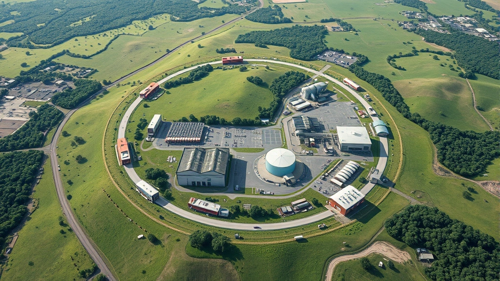 Aerial view of circular material flow diagram represented in real landscape: collection trucks, sorting facilities, reprocessing plants, and manufacturing operations integrated across green terrain, photorealistic environmental perspective