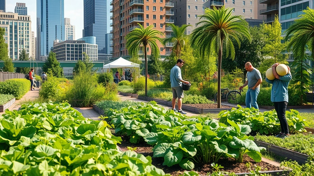 Urban community garden with diverse crops growing, people harvesting vegetables, green vegetation contrasting with city buildings in background, demonstrating ecosystem services in urban settings, natural daylight, photorealistic