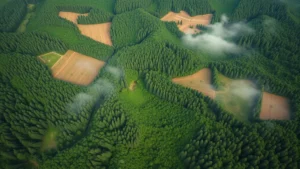 Aerial view of sustainable forest management with mixed natural and harvested areas showing regeneration, vibrant green canopy mosaic, morning mist rising from valleys, photorealistic landscape photography
