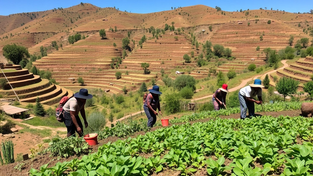 Indigenous community members working in traditional agricultural landscape with diverse crops, terraced hillsides, natural water features, clear blue sky, cultural stewardship demonstrated through careful land management