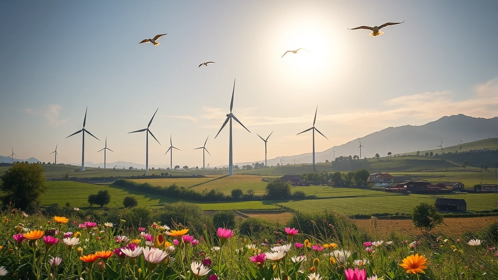 Renewable energy wind turbines in natural landscape with wildflowers blooming in foreground, traditional farming communities nearby, birds in flight, showing economic development coexisting with ecological health