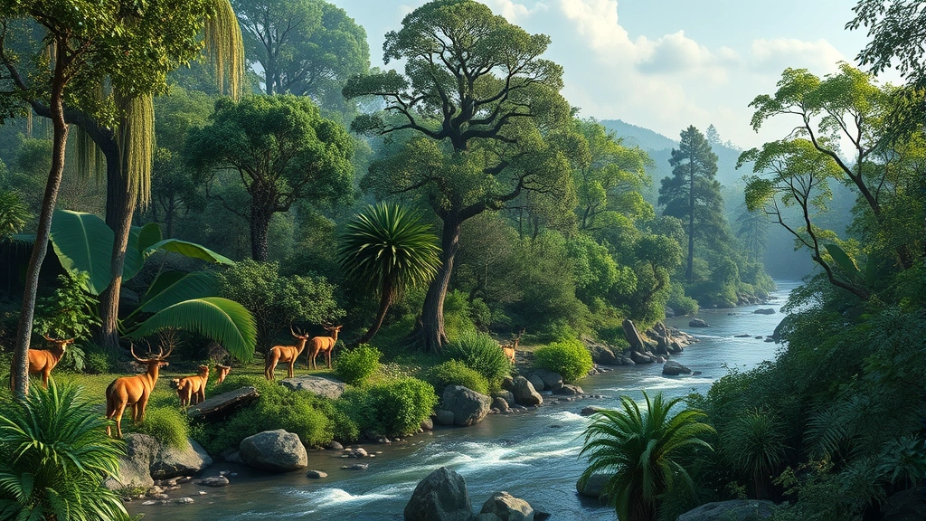 Photorealistic image of diverse ecosystem with forest canopy, river, and wildlife coexisting in natural balance, showing ecological complexity and biodiversity without human infrastructure visible