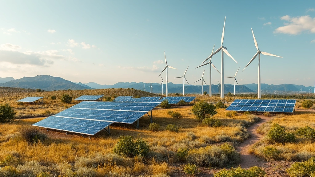 Photorealistic image of renewable energy infrastructure—solar panels and wind turbines—integrated into landscape with natural vegetation, showing scale of renewable deployment and land use considerations