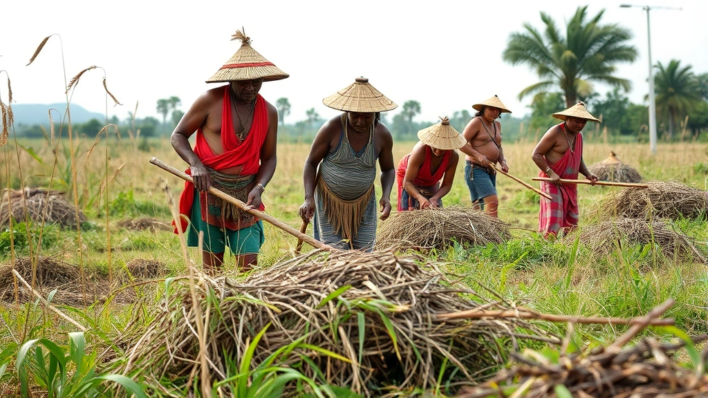 Photorealistic image of indigenous community members working traditional sustainable land management practices, demonstrating ecological knowledge and stewardship without modern industrial elements