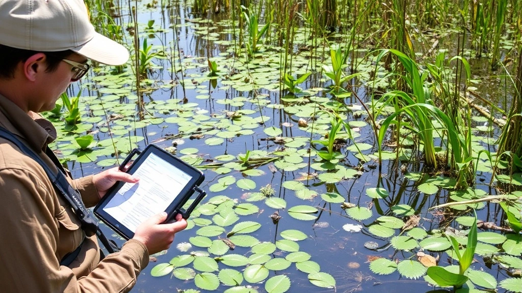 Biodiversity monitoring in wetland ecosystem with scientist recording species data, water quality testing equipment visible, diverse aquatic plants and wildlife present, ecological assessment in progress