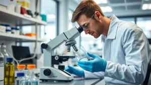 Laboratory technician analyzing water sample under microscope in modern environmental testing facility with bright natural lighting and scientific equipment, photorealistic professional setting